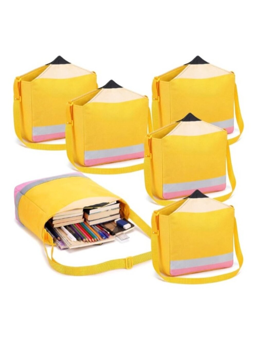 Pencil Shaped Tote Bags Set Yellow Teacher Back-To-School Supplies